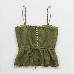 Aerie Lace Button Up Cami Tank Top Size Small Green Cottage Boho Fairy Grunge